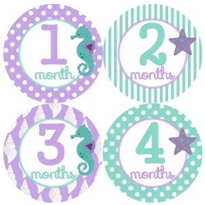 Baby maandelijkse mijlpaal groei Stickers zee schelpen zeepaardjes sterren vis lavendel Aqua nautische MS623 Baby douche cadeau Baby Foto Prop