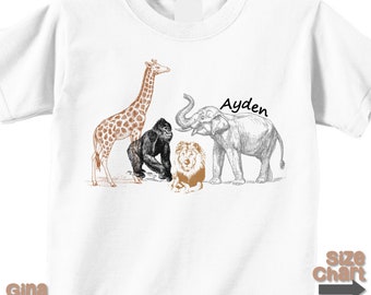 Personalized Jungle Safari Elephant Giraffe Lion Gorilla Birthday Party Shirt T-shirt Bodysuit - Shirt in White, Grey, Blue, Pink