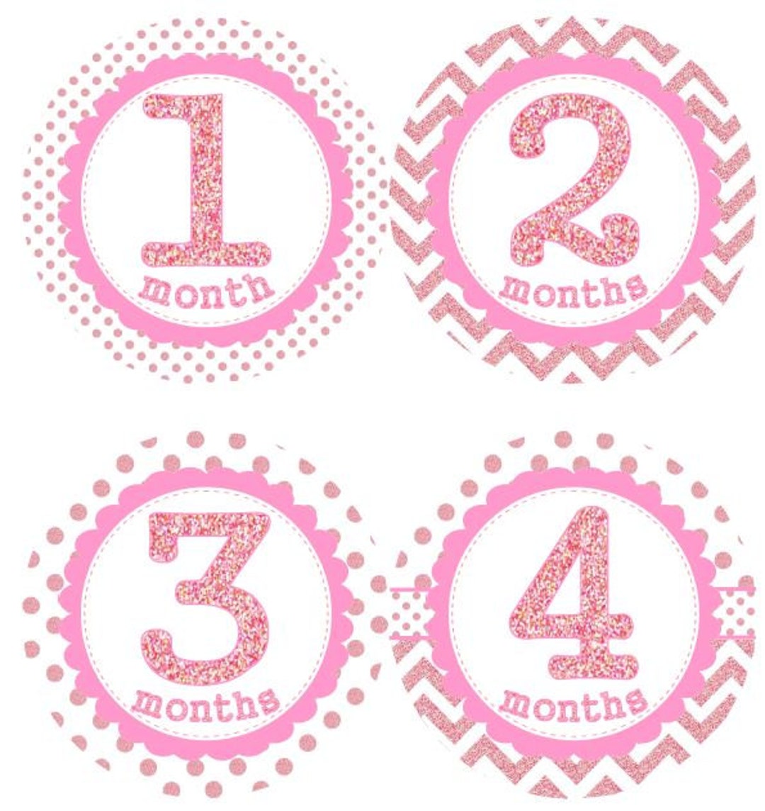 Baby Monthly Milestone Growth Stickers Pink Glitter Dots Chevrons MS004 ...
