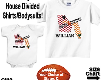 Personalized House Divided Football Georgia Florida Love Family Baby Kids Adults T-shirt Bodysuit - Your Choice of States & Colors