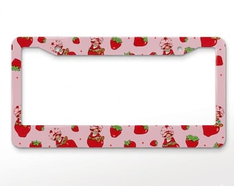 Cute Strawberry License Plate Frame, Pink Coquette Car Accessories, Kawaii Strawberry Shortcake Tag Holder, Girly Auto Decor Gift for Women