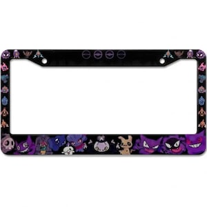 May include: A black rectangular license plate frame featuring a repeating pattern of small colorful ghost-type creature icons along the sides and a row of various larger ghost-type creature illustrations across the bottom edge.
