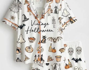 Women’s Vintage Halloween Colorful Doodle Line Art Short Sleeve Silky Satin Pajama Set