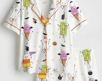 Women’s Summerween Funny Halloween Characters Spooky Season Short Sleeve Silky Satin Pajama Set