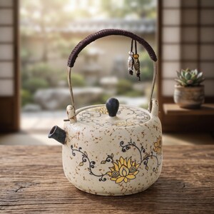 Vintage Japanese Ceramic Teapot with Handle, Handmade Lotus Tea Pot for Loose Leaf, Wabi Sabi Tea Maker, Asian Zen Home Decor Gift