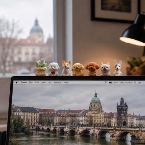Könnte beinhalten: Eine Sammlung kleiner, dekorativer Hundefiguren in verschiedenen Rassen und Farben, darunter Weiß, Braun und Gelb. Sie sind auf einem Laptop angeordnet, mit einer malerischen Stadtlandschaft im Hintergrund. Die Figuren sind detailliert und charmant.