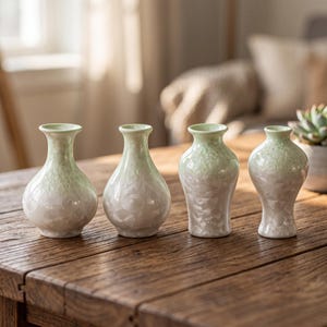 Könnte beinhalten: Vier kleine Keramikvasen mit Kristallglasur, die einen Farbverlauf von blassem Grün am Hals zu einer weißen, perlmuttartigen Basis aufweisen, mit ausgeprägten, großen, blumenartigen Kristallmustern auf der Oberfläche jedes Gefäßes.