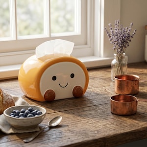 May include: A whimsical, orange and white tissue box shaped like a smiling loaf of bread. The tissue box has a happy face with black eyes and a curved mouth. Two small, brown, rounded feet are at the bottom. A small bowl of blueberries and two copper measuring cups are also visible.