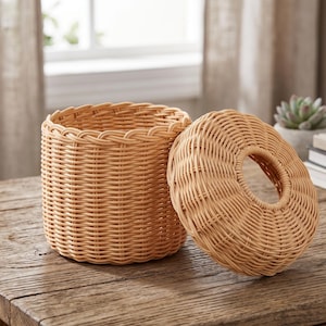 May include: A cylindrical light brown woven wicker tissue box cover with a matching circular lid featuring a central opening. The container has a tight, uniform weave pattern and a braided top edge, designed to hold and dispense tissues.