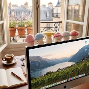 May include: Six decorative mushroom figures with smiling faces in various colours, including pink, blue, and yellow, are arranged on a computer monitor. The background shows a window with a city view and potted plants.