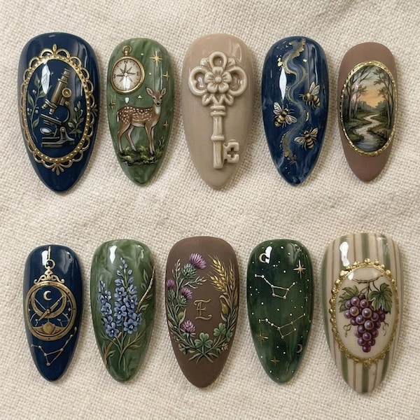 Dark Academia Vintage Nature Press On Nails | Elegant Deer Key Landscape Fake Nails | Gold Microscope Grape Aesthetic Reusable