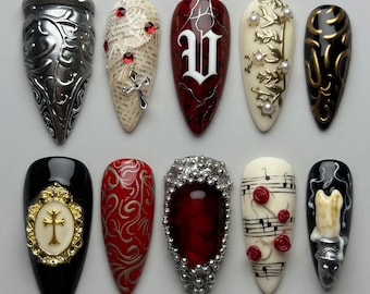 Uñas postizas de vampiro gótico para Halloween, uñas postizas góticas punk, iniciales de vampiro V, gema de sangre, cruz, vela, partitura musical
