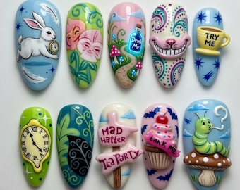 Alice In Wonderland Press On Nails Cute Cheshire Cat Fake Nails Mad Hatter Tea Party Press Ons White Rabbit Caterpillar Drink Me Nails