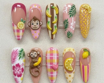 Uñas postizas con diseño de mono tropical, uñas postizas con diseño de hibisco en 3D, uñas rosas kawaii de verano, uñas postizas con diseño de plátano y frutas, regalo para las vacaciones de verano.