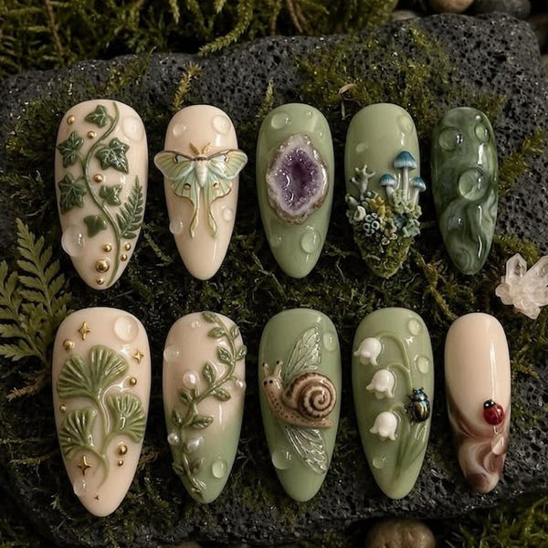 Cottagecore Press On Nails | Green Mushroom Moth Snail Fake Nails | Botanical Leaf Dewdrop Nails | Fairycore Forest Nails