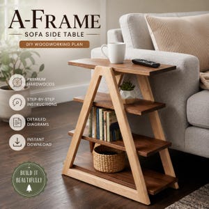 May include: A-Frame sofa side table DIY woodworking plan featuring a light-colored wooden A-frame structure with three dark-stained horizontal shelves. The shelves hold books and a woven basket. Text includes A-FRAME SOFA SIDE TABLE and DIY WOODWORKING PLAN.