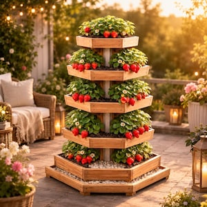 May include: A multi-tiered wooden strawberry planter filled with strawberry plants and ripe red strawberries. The planter has a hexagonal shape and is supported by a central pole. The planter is outdoors, with a patio and garden in the background.