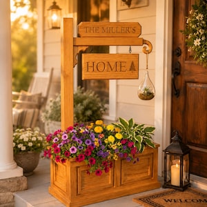 May include: Wooden outdoor planter with a sign that reads "THE MILLER'S" and "HOME". The planter box is filled with colorful flowers. A glass terrarium hangs from the sign. A lantern with a lit candle sits to the side.