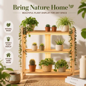 May include: A three-tiered wooden plant stand with various potted plants. The stand has built-in lighting and is filled with greenery, including succulents, cacti, and trailing vines. Text reads "Bring Nature Home" and "Beautiful Plant Display for Any Space."