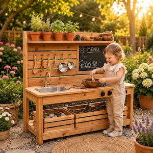 Puede incluir: Una cocina de juegos de madera para exteriores con un fregadero de acero inoxidable, una pizarra con menú y varios utensilios de cocina. La cocina tiene un estante con plantas en macetas y cuencos de madera. Un niño está jugando con un cuenco de madera.