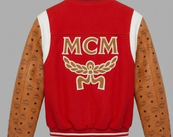 MCM Bomber Jacket Leather Jacket  Monogram Jackets Varsity Jackets Premium Luxury Outerwear Jackets Streetwear Red Leather Sleeve Jacket