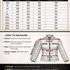 May include: A jacket size chart with a table listing sizes from XS to 6XL and corresponding measurements in inches for chest, waist, hip, and sleeve length. An illustration shows a jacket with red arrows indicating how to measure these areas.