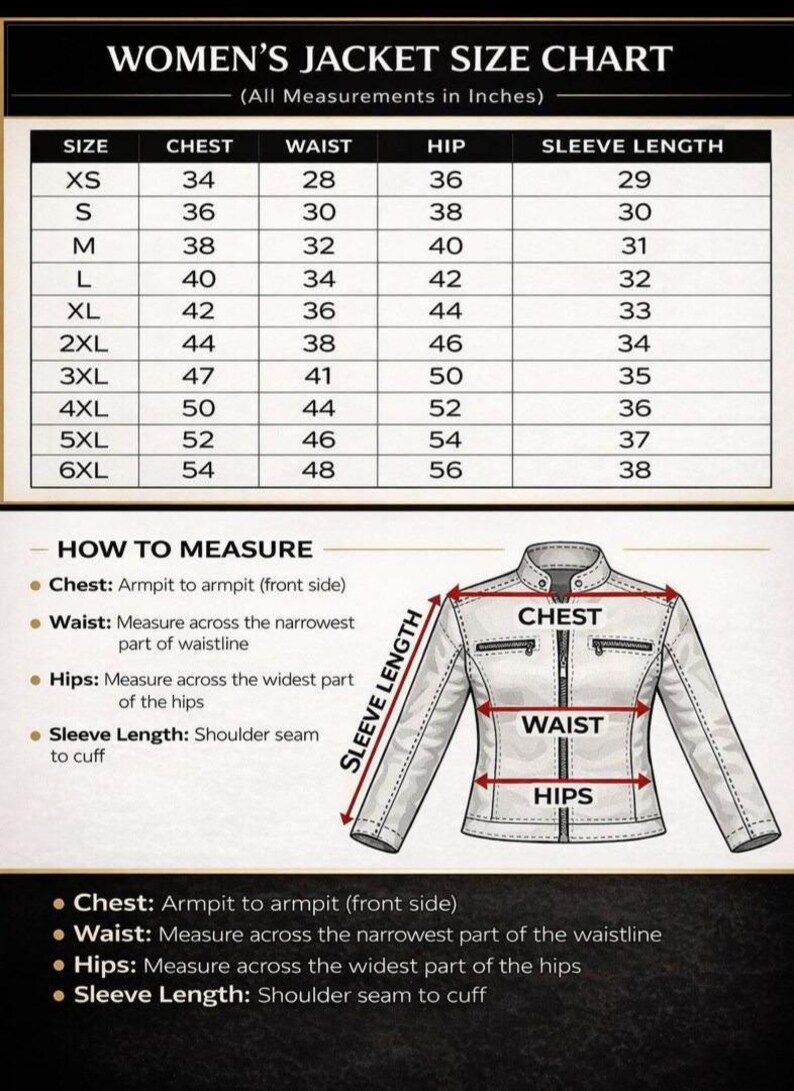 May include: A jacket size chart with a table listing sizes from XS to 6XL and corresponding measurements in inches for chest, waist, hip, and sleeve length. An illustration shows a jacket with red arrows indicating how to measure these areas.