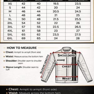 May include: A jacket size chart with a table listing sizes from XS to 6XL and corresponding measurements in inches for chest, waist, shoulder, and sleeve length. Below, a diagram of a jacket illustrates how to measure these specific areas.