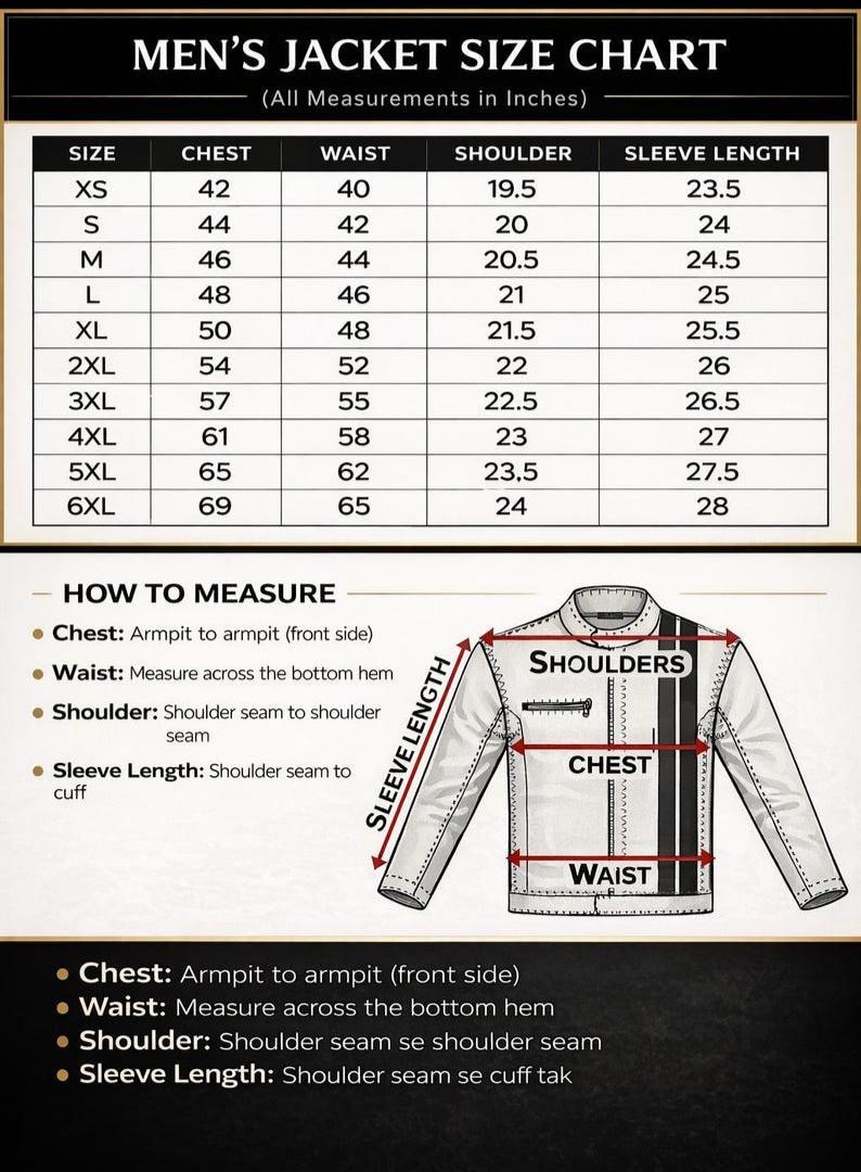 May include: A jacket size chart with a table listing sizes from XS to 6XL and corresponding measurements in inches for chest, waist, shoulder, and sleeve length. Below, a diagram of a jacket illustrates how to measure these specific areas.