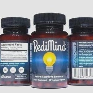 May include: Three brown supplement bottles with black caps. The center bottle has the text "RediMind" with a yellow lightbulb graphic. The bottles contain 30 vegetable capsules. The labels include supplement facts and directions.