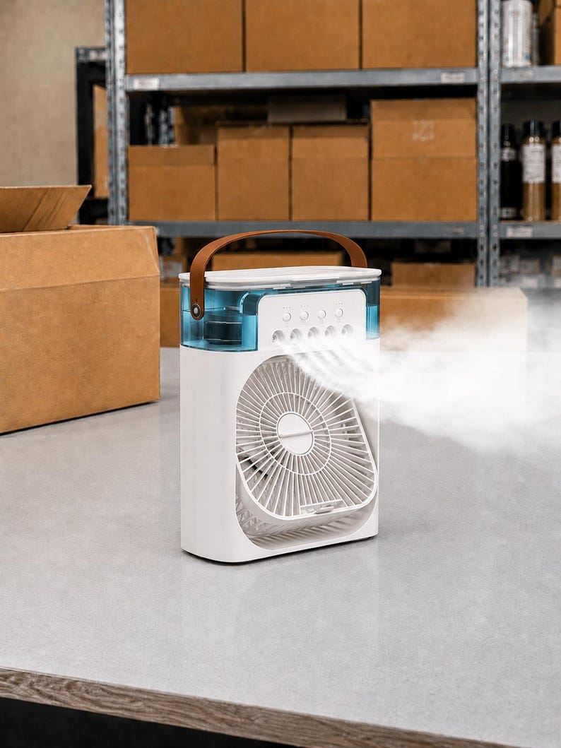 Puede incluir: Un enfriador de aire port&aacute;til blanco con un asa de cuero marr&oacute;n y un dep&oacute;sito de agua azul. El ventilador sopla una corriente de aire fresco. El enfriador tiene botones de control y un ventilador con aspas blancas. Cajas de cart&oacute;n en el fondo.