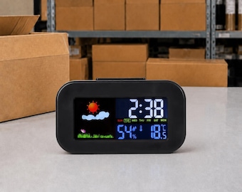 Modern Digital Weather Station Clock with LED Display, Temperature & Humidity Monitor for Bedroom Desk
