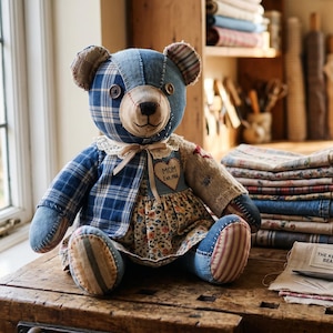 May include: A handcrafted teddy bear made from various blue denim and plaid fabric patches. It features a cream lace collar, a heart-shaped patch on the chest with the text MOM EST 1984, and a floral print skirt. The bear has button eyes and a stitched nose.