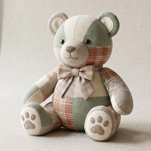 Peut inclure: Un ours en peluche en patchwork composé de divers panneaux de tissu dans des tons vert sauge, crème et à carreaux. L'ours présente des yeux en boutons foncés, un nez et une bouche brodés, un nœud papillon à carreaux et des pattes brodées.
