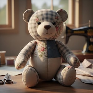 Può includere: Un orsacchiotto patchwork realizzato con vari motivi di tessuto, tra cui quadretti vichy grigi e bianchi, stampe floreali con rose rosa e pannelli beige a tinta unita. L'orso presenta occhi a bottone scuri e un piccolo cuore ricamato.