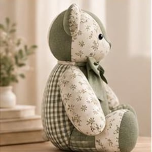 May include: A stuffed teddy bear crafted from a mix of fabrics, featuring solid sage green panels, a cream-colored fabric with a small floral print, and a sage green and white checkered pattern. The bear has a matching sage green fabric bow at its neck.