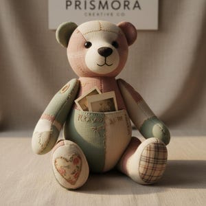 Könnte beinhalten: Ein Patchwork-Teddybär aus Stoffbahnen in Salbeigrün, Altrosa und Creme. Der Bär hat eine Vordertasche mit zwei kleinen rechteckigen Karten, einen floralen Herzaufnäher auf einem Fuß und ein Karomuster auf dem anderen Fuß.