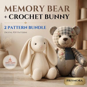 May include: A digital PDF pattern bundle featuring a memory bear and a crochet bunny. The bear is constructed from patchwork fabric in blue gingham and floral patterns. The bunny is a solid cream colour with long ears. Text reads MEMORY BEAR + CROCHET BUNNY, 2 PATTERN BUNDLE, DIGITAL PDF PATTERNS, INSTANT DOWNLOAD, and PRISMORA CREATIVE CO.