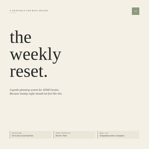 May include: A printable planner with the text "the weekly reset." The planner includes sections for brain dumping, setting three priorities, and identifying a small joy. The text "A gentle planning system for ADHD brains" is also included.