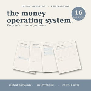 Könnte beinhalten: Ein 16-seitiges druckbares PDF-System zur Finanzverwaltung mit dem Text 'the money operating system. Every dollar — out of your head.' und vier Seiten mit den Titeln 'the money map', 'the bill tracker', 'the spending plan' und 'the adhd tax tracker'.