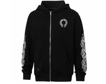 Chrome Hearts Black Horseshoe Floral Sleeve Zip-Up Hoodie