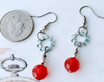 Red Glass Steampunk Earrings Gift for Mom Gears Jewelry for Daughter Silver Dangly Earring Set