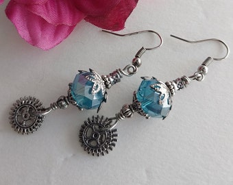 Blue Glass Steampunk Earrings Gift for Mom Gears Jewelry for Daughter Silver Dangly Earring Set