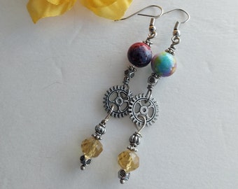 Colorful Glass Steampunk Earrings Gift for Mom Gears Jewelry for Daughter Silver Dangly Earring Set