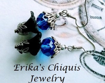 Fairy Flower Earrings -Elegant Gift for Mom Blue Glass Jewelry for Wife Resin Black Flower Earring Set