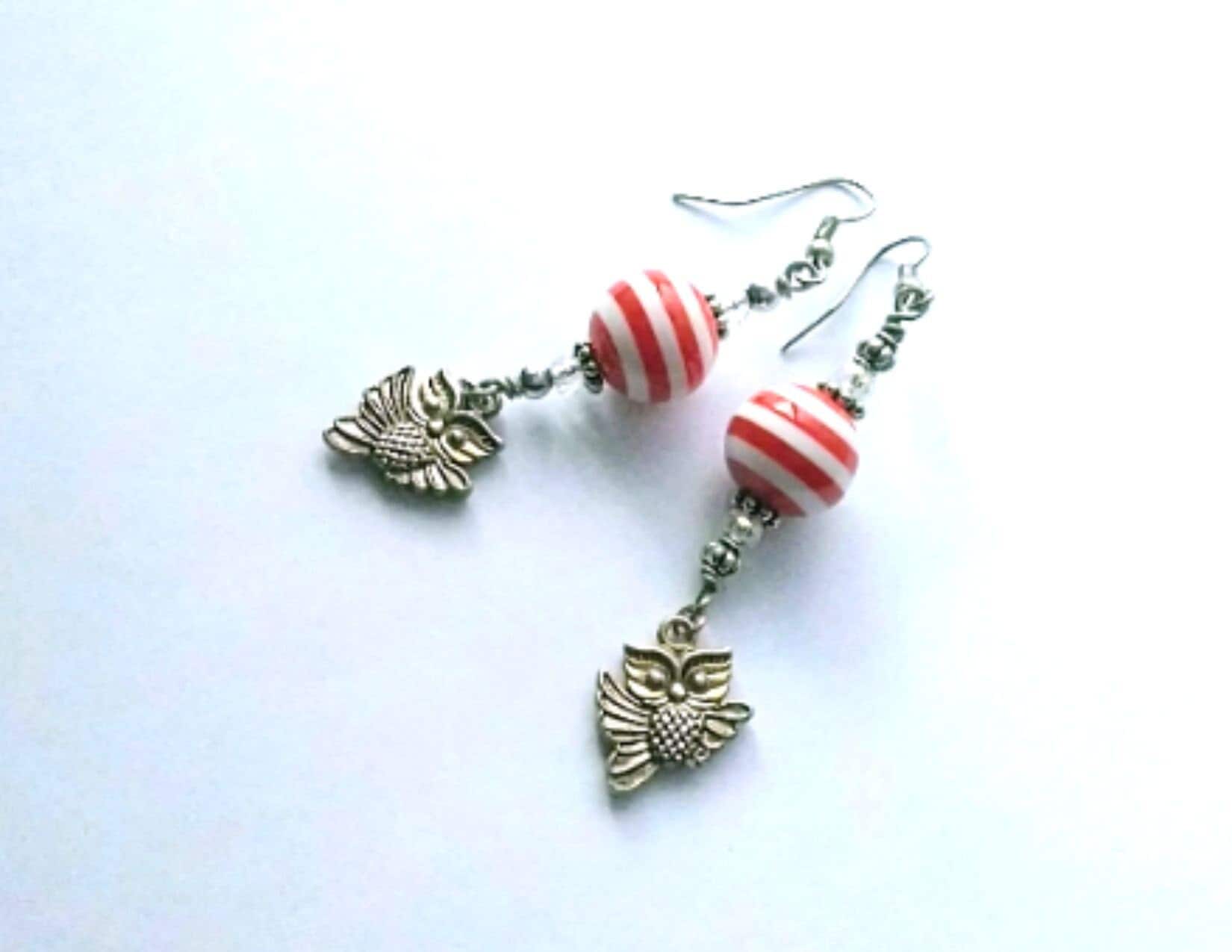 Whimsical Owl Earrings Red White Beaded Dangle Jewelry | Glass Bead Silver Charm Earrings | Playful