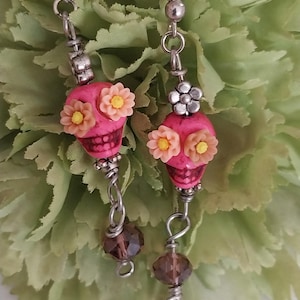 Day of the Dead Skull Small Dangle Earrings, Sugar Skull Flower Gift for Friend