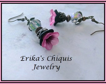 Fairy Flower Earrings, Pink and Black Copper Earrings, Gift for a Woman