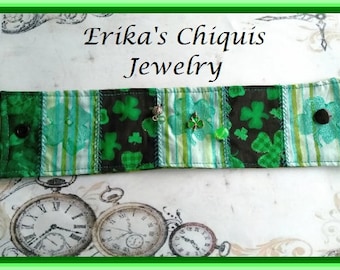 Lucky Four Leaf Clover Patchwork Cuff Bracelet - Handmade Fiber Textile Art Jewelry Gift