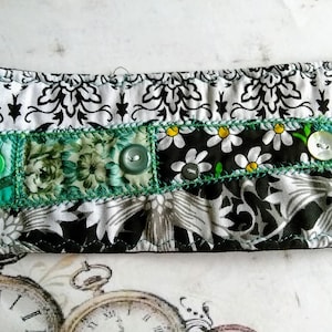Boho Black Floral Fabric Cuff Bracelet, Eco-Friendly Wide Cotton Wristband w/ Decorative Stitch, 3 Inch Handmade Snap Cuff, Gift for Friend
